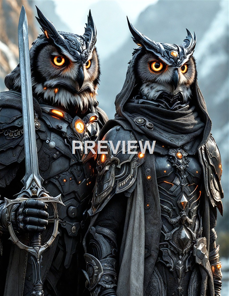Two anthropomorphic owl warriors clad in intricate, dark armor with glowing orange accents, standing in a mountainous landscape with a cloudy sky in the background.